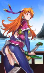 1girl ass ass_cutout ayakumo blue_bodysuit blue_sky bodysuit clothing_cutout commission cowboy_shot fantasia_re:build headband highres holding holding_sword holding_weapon lina_inverse long_hair looking_back ocean orange_hair outdoors panties red_eyes skeb_commission sky slayers solo sword underwear weapon yellow_panties