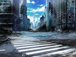 artist_request bare_tree blue_sky building bush cityscape cloud crack crosswalk day game_cg lamppost magia_record:_mahou_shoujo_madoka_magica_gaiden mahou_shoujo_madoka_magica no_humans official_art outdoors radio_tower road ruins scenery sidewalk sky skyscraper soot street tree