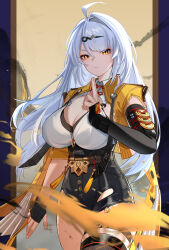 1girl absurdres ahoge asymmetrical_gloves black_gloves black_shorts breasts chinese_commentary cleavage closed_mouth collar commentary_request cowboy_shot elbow_gloves fingerless_gloves gloves high-waist_shorts highres huge_breasts jacket kuji-in long_hair looking_at_viewer mole mole_on_breast shirt shirt_tucked_in shorts single_elbow_glove single_hair_intake solo thigh_strap thighs uneven_gloves very_long_hair white_collar white_hair white_shirt yellow_eyes yellow_jacket yi_xuan_(zenless_zone_zero) yueyueyue_yao zenless_zone_zero