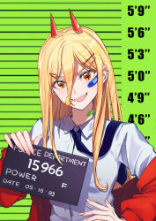 1girl absurdres bandaid bandaid_on_cheek bandaid_on_face bandaid_on_neck barbie_mugshot_(meme) black_necktie blonde_hair breasts chainsaw_man commentary cross-shaped_pupils ear_piercing hair_between_eyes hair_ornament hairpin hand_on_own_hip height_chart highres holding holding_sign horns jacket kiunchiku loose_necktie meme mugshot necktie open_mouth orange_eyes piercing power_(chainsaw_man) red_horns red_jacket sharp_teeth sign small_breasts smile solo symbol-shaped_pupils teeth upper_body