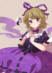 Rule 34 | 2girls, alternate costume, black shirt, black skirt, blonde hair, blue eyes, bow, bubble skirt, closed mouth, cowboy shot, fairy wings, flower, frilled shirt, frilled shirt collar, frilled sleeves, frills, hair ribbon, highres, kimura8556spsk, lily of the valley, looking at viewer, medicine melancholy, mini person, minigirl, multiple girls, no mouth, official alternate color, phantasmagoria of flower view, poison, puffy short sleeves, puffy sleeves, purple bow, purple ribbon, purple shirt, purple skirt, ribbon, shirt, short sleeves, skirt, su-san, touhou, wings