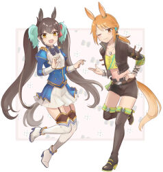 Rule 34 | 2girls, :d, am (ajamuw), animal ears, arm belt, belt buckle, black boots, black bow, black bowtie, black hair, black jacket, black shorts, black tail, blue jacket, blue skirt, blush, boots, bow, bowtie, brown eyes, buckle, buttons, center frills, closed mouth, collarbone, commentary request, cosplay, crop top, daiwa scarlet (umamusume), daiwa scarlet (umamusume) (cosplay), double-breasted, ear ornament, epaulettes, framed breasts, frilled shirt, frills, fringe trim, full body, garter straps, hair bow, hairstyle connection, high heel boots, high heels, horse ears, horse girl, horse tail, idolmaster, idolmaster cinderella girls, jacket, jewelry, juliet sleeves, kemonomimi mode, long hair, long sleeves, looking at viewer, matoba risa, midair, miniskirt, multiple girls, navel, necklace, one eye closed, open clothes, open jacket, open mouth, orange hair, orange tail, pleated skirt, puffy sleeves, red bow, shirt, shoes, short shorts, shorts, skirt, smile, standing, standing on one leg, stomach, tail, thigh boots, thighhighs, trait connection, twintails, umamusume, very long hair, vodka (umamusume), vodka (umamusume) (cosplay), white boots, white shirt, white skirt, yellow eyes, yellow shirt, yuuki haru, zettai ryouiki