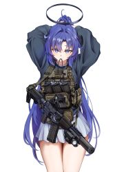 1girl absurdres adjusting_hair ammunition_pouch arms_up as_val assault_rifle black_halo black_sweater blue_archive clov3r commentary_request cowboy_shot eotech grey_skirt gun gun_sling hair_between_eyes halo highres kalashnikov_rifle korean_commentary legs_together load_bearing_vest long_hair long_sleeves looking_at_viewer magazine_(weapon) mechanical_halo mouth_hold pleated_skirt ponytail pouch puffy_long_sleeves puffy_sleeves purple_eyes purple_hair ribbon ribbon_in_mouth rifle simple_background skirt solo standing suppressor sweater tying_hair very_long_hair weapon white_background yuuka_(blue_archive)