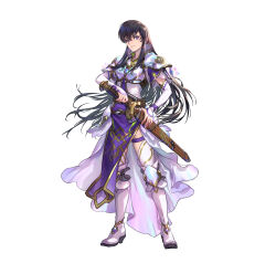 1girl absurdres armor ayra_(fire_emblem) ayra_(resplendent)_(fire_emblem) black_hair boots breastplate closed_mouth commentary_request dress earrings fire_emblem fire_emblem:_genealogy_of_the_holy_war fire_emblem_heroes full_body gold_trim high_heel_boots high_heels highres jewelry long_hair looking_at_viewer nintendo official_art pauldrons pelvic_curtain purple_eyes sheath short_sleeves shoulder_armor simple_background smile solo standing suzuki_rika sword thighhighs weapon white_background
