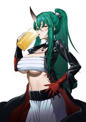 Rule 34 | 1girl, absurdres, alcohol, arknights, beer, beer mug, black coat, breasts, chest sarashi, coat, cup, dragon horns, ghosty (xiaobai), green hair, hair between eyes, hand on own hip, highres, holding, holding cup, horns, hoshiguma (arknights), hoshiguma the breacher (arknights), large breasts, long hair, looking at viewer, mug, oni, sarashi, single horn, skin-covered horns, solo, yellow eyes