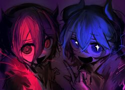 Rule 34 | + +, 2girls, :d, @ @, absurdres, autooohyo, black eyes, blue eyes, blue hair, commission, demon girl, demon horns, dragon girl, dragon horns, highres, horns, looking at viewer, middle finger, multiple girls, open mouth, original, purple background, red hair, smile, tagme