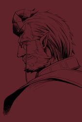 1boy bara beard character_request crave_saga curled_horns demon_boy facial_hair from_side full_beard glowing glowing_eyes highres horns kazuo_tashishi looking_at_viewer male_focus mature_male monster_boy old old_man pointy_ears profile red_eyes red_theme short_hair sideways_glance smile smirk solo thick_beard thick_eyebrows tsurime wrinkled_skin