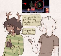 1boy 1girl animal_ears antlers asgore_dreemurr brown_hair december_holiday deer_antlers deer_ears deer_girl deltarune design_speculation english_text furry furry_female goat_boy goat_ears green_sweater highres horns medium_hair reindeer_girl shirt short_hair smile sweater szivarvanyturmix02 tomboy