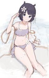 Rule 34 | 1girl, bikini, blue eyes, closed mouth, flower, hair flower, hair ornament, highres, hololive, hololive english, holonatsu paradise, navel, ninomae ina&#039;nis, ninomae ina&#039;nis (holonatsu paradise), official alternate costume, official alternate hairstyle, punished pigeon, purple bikini, purple hair, short hair, smile, solo, swimsuit, tentacle hair, virtual youtuber, white flower