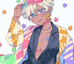 1boy animal_ears arm_up black_vest blonde_hair blue_eyes dark-skinned_male dark_skin earrings flower_earrings fragaria_memories hair_between_eyes highres jacket jewelry long_sleeves lower_teeth_only male_focus multicolored_jacket nail_polish necklace open_clothes open_jacket open_mouth rtm1016 sanah_(fragaria_memories) short_hair simple_background smile solo teeth upper_body vest white_background yellow_nails
