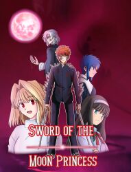 Rule 34 | 2boys, 3girls, arcueid brunestud, black hair, blonde hair, blood, blood on clothes, blood on hands, blue eyes, blue hair, breasts, ciel (tsukihime), crossover, deidrax, dual wielding, emiya shirou, fanfiction available, fate/stay night, fate (series), from side, glasses, hair intakes, hairband, highres, holding, holding sword, holding weapon, japanese clothes, large breasts, light frown, long hair, long sleeves, looking at viewer, misaki municipal high school uniform, multiple boys, multiple girls, orange hair, portrait, red eyes, red hair, school uniform, shoes, short hair, skirt, smile, sneakers, sweater, sword, title, tohno akiha, tohno shiki (2), tsukihime, turtleneck, type-moon, vampire, weapon, white hair