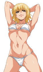 1girl 3: armpits arms_behind_head atamadarurun bikini blonde_hair breasts brown_eyes cagalli_yula_athha cameltoe cowboy_shot gundam gundam_seed highres kneeling medium_breasts short_hair simple_background solo swimsuit white_background white_bikini
