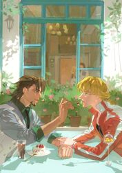 2boys barnaby_brooks_jr. blonde_hair brown_eyes brown_hair bush cake cake_slice chandelier collared_jacket collared_shirt commentary cup drink english_commentary eye_contact facial_hair flower food fork fruit glasses goatee green_eyes green_shirt highres holding holding_fork holding_utensil jacket kaburagi_t._kotetsu leaf long_sleeves looking_at_another male_focus multiple_boys open_clothes open_jacket open_mouth outdoors people pink_flower plant popped_collar potted_plant profile red_jacket rimless_eyewear rnrfml shirt short_sideburns sitting sleeve_cuffs strawberry strawberry_shortcake tiger_&amp;_bunny utensil white_jacket window wing_collar yaoi