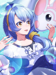 1girl blush dress familiar fish grey_hair hair_ornament hairband highres izumi_(under_night_in-birth) long_hair nntkorippa open_mouth pink_nails side_ponytail twitter_username unbuttoned under_night_in-birth under_night_in-birth_2_sys:celes white_dress yellow_eyes yellow_hairband
