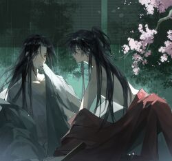 Rule 34 | 2boys, absurdres, bishounen, black eyes, black hair, branch, cherry blossoms, chinese clothes, chinese commentary, clothes down, coat, coat partially removed, collarbone, dao gui yi xian, earrings, eyelashes, flower, green coat, half updo, hand on own chin, hanfu, highres, indoors, jewelry, li huowang, long hair, long sleeves, looking at another, male focus, multiple boys, night, off shoulder, open clothes, open coat, outdoors, partially undressed, pectoral cleavage, pectorals, petals, pink flower, ponytail, profile, rain, red coat, robe, sitting, suibian59632, topless male, tree, upper body, wet, white hanfu, window blinds, yaoi, zhuge yuan