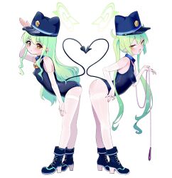 2girls :d animal_hat arched_back artist_collaboration blue_archive blue_boots blue_collar blue_hat blue_one-piece_swimsuit blush boots breasts brown_eyes closed_mouth collar commentary_request demon_girl earrings erogomatinpo from_side green_hair halo hat heart_tail_duo high_heel_boots high_heels highres hikari_(blue_archive) holding holding_leash jewelry leaning_forward leash loli long_hair looking_at_viewer looking_to_the_side mamiyahara_hitoshige multiple_girls nozomi_(blue_archive) one-piece_swimsuit open_mouth pantyhose pointy_ears school_swimsuit shako_cap simple_background small_breasts smile swimsuit thighband_pantyhose torn_clothes torn_pantyhose twintails v-shaped_eyebrows very_long_hair white_background white_pantyhose