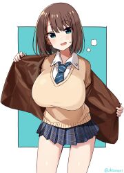1girl artist_name blazer blue_necktie blue_skirt blush breasts brown_hair brown_jacket brown_sweater collared_shirt cowboy_shot fang green_eyes highres hot jacket large_breasts medium_hair necktie open_clothes open_jacket open_mouth plaid_clothes plaid_necktie plaid_skirt pleated_skirt sagging_breasts saki_(manga) school_uniform shirt shisoneri simple_background skirt steam steaming_body sweat sweater thighs twitter_username unozawa_shiori v-neck white_background white_shirt