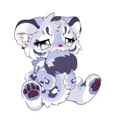 1boy androgynous animal_ears animal_feet animal_hands blue_eyes blush chibi chibi_only chibikemo commentary digitigrade english_commentary fluffy fluffy_land furry furry_male highres holding_own_tail kikugawa_ru looking_at_viewer male_focus official_art oslo_(fluffy_land) pawpads sad second-party_source simple_background sitting snow_leopard_boy snow_leopard_ears snow_leopard_tail solo tail white_background