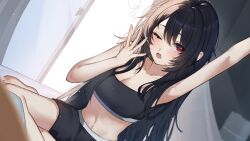 Rule 34 | 1girl, air bubble, arm up, black bra, black hair, black shorts, blush, bra, breasts, bubble, cleavage, collarbone, commentary, dutch angle, hashtag-only commentary, highres, iris black games, kisaragi ren (vtuber), long hair, medium breasts, official alternate hair length, official alternate hairstyle, open mouth, red eyes, ringozeri, shorts, sidelocks, sitting, solo, swept bangs, symbol-only commentary, teeth, training bra, underwear, upper teeth only, very long hair, virtual youtuber, vspo!, window, yawning