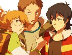 1girl 2boys anger_vein backpack bad_id bad_twitter_id bag black_hair brown_eyes brown_hair flipped_hair glasses hood hoodie hyakujuu-ou_golion jacket kaemonn keith_(voltron) lance_(voltron) mullet multiple_boys open_clothes open_jacket orange_hair pidge_gundarsson pidge_gunderson pointing pointing_at_self reverse_trap semi-rimless_eyewear simple_background under-rim_eyewear upper_body voltron:_legendary_defender voltron_(series) white_background