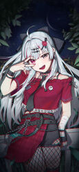 1girl ahoge belt black_choker black_eyes black_shorts bow bra_strap bracelet choker cowboy_shot crop_top crop_top_overhang fishnet_pantyhose fishnets grpf hair_bow hair_ornament hairclip hand_up heterochromia highres ishigami_nozomi jewelry long_hair looking_at_viewer midriff_peek nijisanji off-shoulder_shirt off_shoulder open_mouth pantyhose red_eyes red_shirt red_skirt shirt short_sleeves shorts side_slit skirt skort smile solo standing uneven_eyes virtual_youtuber white_hair