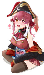 1girl absurdres ascot bare_shoulders bicorne black_hat blush breasts bright_pupils brown_thighhighs commentary earth_(planet) english_commentary hat heart heterochromia highres hololive houshou_marine indian_style jacket jacket_partially_removed large_breasts long_hair looking_at_viewer nuebunny open_mouth pirate_hat planet pleated_skirt red_ascot red_eyes red_hair red_shirt red_skirt shirt simple_background sitting skirt solo thighhighs virtual_youtuber white_background white_pupils yellow_eyes