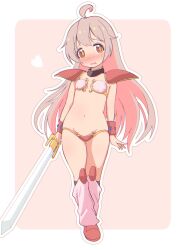 1girl ahoge armor ayanokouji_rem ayanokouji_rem_(cosplay) bare_arms bikini_armor blush bracer breasts brown_eyes commentary cosplay dream_hunter_rem full_body genderswap genderswap_(mtf) groin heart highres holding holding_sword holding_weapon long_hair navel nose_blush onii-chan_wa_oshimai! open_mouth outline oyama_mahiro pink_background pink_hair shoulder_armor simple_background small_breasts solo standing stomach sword tearing_up thigh_gap unkimo very_long_hair weapon white_outline