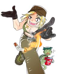 1girl 1other anonymous_(japanese) azov_battalion beak belt black_belt blonde_hair boots breasts brown_boots brown_eyes brown_pants bucket character_request cigarette cleavage colored_skin creature crop_top cross cross_necklace cross_pendant evil_grin evil_smile gloves green_gloves green_skin green_tank_top grin hand_up hat highres holding holding_bucket jacket japanon jewelry looking_at_viewer marichka medium_breasts midriff military military_uniform navel necklace original pants peaked_cap russo-ukrainian_war sharp_teeth short_hair smile smoke solo swastika_tattoo tank_top tattoo teeth transparent_background ukraine