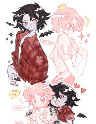 2boys adventure_time bat_wings black_hair colored_skin commentary crown fang genderswap genderswap_(ftm) grey_skin heart highres male_focus marshall_lee multiple_boys multiple_views open_mouth pink_eyes pink_hair pink_skin pointy_ears prince prince_bubba_gumball red_eyes sharpycharot short_hair simple_background symbol-only_commentary vampire white_background wings yaoi