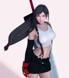 1girl 3d artist_request bare_shoulders black_hair black_skirt breasts buster_sword cowboy_shot crescent crescent_earrings crescent_moon crop_top detached_sleeves earrings final_fantasy final_fantasy_vii final_fantasy_vii_remake fingerless_gloves gloves highres jewelry large_breasts long_hair low-tied_long_hair midriff miniskirt moon navel raidenwgt red_eyes red_gloves red_lips skirt solo square_enix suspender_skirt suspenders tank_top tifa_lockhart weapon weapon_on_back white_tank_top