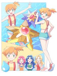 4girls :d ;d ass asymmetrical_hair blonde_hair blue_hair blush breasts closed_mouth creatures_(company) crop_top crossed_arms daisy_(pokemon) denim denim_shorts dress eyelashes flower game_freak gen_1_pokemon green_dress green_eyes gym_leader hair_flower hair_ornament hair_tie hand_on_own_hip hand_up happy highres holding holding_poke_ball legs lily_(pokemon) long_hair looking_at_viewer mei_(maysroom) midriff misty_(pokemon) multiple_girls navel nintendo one_eye_closed open_mouth orange_hair pink_hair poke_ball poke_ball_(basic) pokemon pokemon_(anime) pokemon_(classic_anime) ponytail red_footwear shirt shoes short_hair short_shorts shorts side_ponytail sleeveless sleeveless_dress sleeveless_shirt smile sneakers standing starmie staryu suspender_shorts suspenders tank_top violet_(pokemon) water wavy_mouth wink yellow_shirt yellow_tank_top