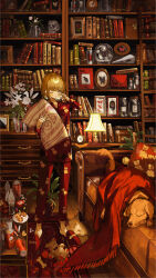 1boy animal_print bear_print blanket blonde_hair blue_eyes bone book bookshelf bottle bottle_cap can candy candy_cane chest_of_drawers clock commentary_request cookie couch dog flower food hand_up highres holding holding_pillow indoors lamp loaded_interior long_sleeves male_focus nana_tetra one_eye_closed original pajamas pants photo_(object) pillow pizza pizza_box pizza_slice pretzel red_pants red_shirt red_slippers rubbing_eyes rug shirt short_hair skull slippers soda_bottle solo table throw_pillow toy_car vase white_flower wooden_floor wrapped_candy