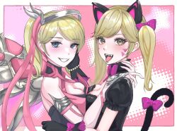 2girls animal_ears artist_request black_cat_d.va black_dress blonde_hair blue_eyes blush bow breast_press cat_ears cat_tail d.va_(overwatch) dress fangs gloves hand_on_another&#039;s_face headband highres hug jewelry looking_at_viewer mercy_(overwatch) multiple_girls overwatch pink_mercy ribbon sparkle tail tongue tongue_out twintails wings yellow_eyes yuri