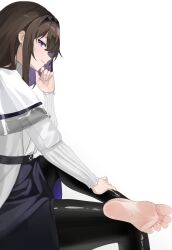 1girl arknights barefoot brown_hair crossed_legs feet highres jager long_hair looking_at_viewer parted_lips priestess_(arknights) purple_eyes soles toes