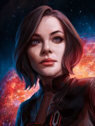 1girl alternate_hair_length alternate_hairstyle animated animated_gif black_jacket blue_eyes brother_thunder brown_hair commentary english_commentary jacket light_smile looking_to_the_side making-of mass_effect_(series) mass_effect_2 miranda_lawson official_alternate_costume portrait red_lips short_hair solo space star_(sky) sun