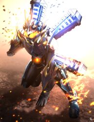 1boy absurdres antennae armor black_bodysuit blue_armor blue_fire bodysuit bug clenched_hands fire flame_print gloves glowing glowing_eyes goggles goggles_on_head gotcha_driver grasshopper highres insect kamen_rider kamen_rider_fire_gotchard kamen_rider_gotchard kamen_rider_gotchard_(series) landing male_focus orange_eyes orange_fire reiei_8 rider_belt solo superhero_landing thrusters tokusatsu white_gloves