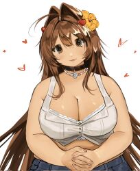 1girl bead_necklace beads black_choker breasts brown_eyes brown_hair choker cleavage crop_top cropped_shirt fat fat_woman flower hair_flower hair_intakes hair_ornament heart heart_hair_ornament highres jewelry large_breasts long_hair nanaco_(meisharan) necklace original own_hands_together plump shirt solo tank_top thick_arms white_background white_shirt white_tank_top yasao_(y05a8)