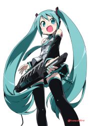 1girl :d aqua_eyes aqua_hair aqua_nails aqua_necktie black_skirt black_thighhighs blush commentary_request detached_sleeves from_below happy hatsune_miku headset highres instrument kanzaki_hiro keytar long_hair miniskirt nail_polish necktie number_tattoo open_mouth shirt shoulder_tattoo skirt sleeveless sleeveless_shirt smile solo tattoo thighhighs twintails twitter_username very_long_hair vocaloid yamaha_kx5