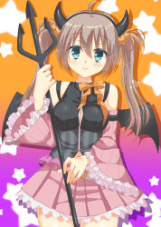 Rule 34 | 1girl, ahoge, bare shoulders, black shirt, blue eyes, blush, bow, breasts, brown hair, button gap, cleavage, closed mouth, colored eyelashes, commentary request, cowboy shot, demon horns, demon wings, detached sleeves, drop shadow, fake horns, fake wings, frilled skirt, frilled sleeves, frills, fuyukichi (nikoniko1567), gradient background, hair between eyes, hair ornament, halloween, halloween costume, hand up, highres, holding, holding polearm, holding weapon, horns, large breasts, long hair, long sleeves, looking at viewer, miniskirt, navel, official alternate costume, official alternate hairstyle, orange background, orange bow, pink skirt, pink sleeves, pleated skirt, polearm, purple background, sanoba witch, shiiba tsumugi, shirt, simple background, skirt, sleeveless, sleeveless shirt, smile, solo, star (symbol), star hair ornament, straight hair, tareme, trident, twintails, weapon, wide sleeves, wings