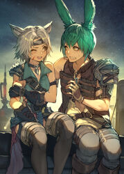 Rule 34 | 1boy, 1girl, absurdres, animal ears, armor, boots, breasts, brown eyes, cat ears, facial mark, final fantasy, final fantasy xiv, green eyes, grey hair, hand on another&#039;s shoulder, hand on own arm, hide (hideout), highres, injury, looking at another, medium breasts, miqo&#039;te, open mouth, short hair, shoulder armor, sitting, sleeveless, sweatdrop, thigh boots, viera, warrior of light (ff14), whisker markings