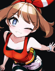 1girl artist_name bare_shoulders bike_shorts bike_shorts_under_shorts black_background blue_eyes bow bow_hairband bracelet brown_hair collarbone fanny_pack hair_bow hairband highres jewelry looking_at_viewer makaroll may_(pokemon) nintendo one_eye_closed pokemon pokemon_oras red_bow red_hairband red_shirt shirt short_hair shorts sleeveless sleeveless_shirt solo