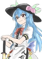 Rule 34 | black hat, blue hair, bow, breasts, food, fruit, fruit hat ornament, hat, hat ornament, highres, hinanawi tenshi, kametoyou, leaf hat ornament, long hair, peach, peach hat ornament, puffy sleeves, rainbow gradient, rainbow order, red eyes, short sleeves, small breasts, smile, solo, sword of hisou, touhou