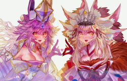 Rule 34 | 2girls, animal ear fluff, animal ears, bare shoulders, blonde hair, blush, breasts, buttons, cleavage, detached collar, fangs, fate/grand order, fate (series), fingernails, floating hair, fox ears, gloves, gradient hair, hair ribbon, hat, heart, irobidsw, japanese clothes, kimono, kitsune, koyanskaya (assassin) (third ascension) (fate), koyanskaya (fate), koyanskaya (lostbelt beast:iv) (fate), large breasts, lipstick, long hair, looking at viewer, makeup, multicolored hair, multiple animal ears, multiple girls, nose blush, off shoulder, ofuda, ofuda on clothes, open mouth, pink gloves, pink hair, red rope, ribbon, rope, sharp fingernails, shimenawa, star (symbol), tamamo (fate), tassel, tongue, x fingers, yellow eyes