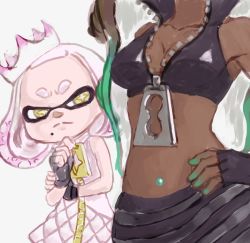 +_+ 2girls aqua_hair bare_shoulders black_hair breast_envy breast_focus breasts cleavage close-up collarbone crop_top crown dark-skinned_female dark_skin dress envy fingerless_gloves girl_staring_at_guy&#039;s_chest_(meme) gloves hand_on_own_chin hand_on_own_hip inkling marina_(off_the_hook_outfit)_(splatoon) marina_(splatoon) midriff mole mole_under_mouth multicolored_hair multiple_girls navel navel_piercing nintendo octoling partially_unzipped pearl_(off_the_hook_outfit)_(splatoon) pearl_(splatoon) piercing pink_hair short_eyebrows simple_background sleeveless sleeveless_dress splatoon_(series) splatoon_2 standing stomach symbol-shaped_pupils tentacle_hair thinking two-tone_hair white_background white_hair yellow_eyes zipper zipper_pull_tab