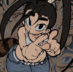 Rule 34 | black hair, bra, bra peek, denim, highres, ibuki (street fighter), jeans, jellot, midriff, panties, pants, panty peek, pointing, ponytail, raccoon tail, shuriken, street fighter, tail, tank top, thick eyebrows, thick thighs, thighs, underwear, weapon, wide hips