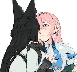 3girls animal_ears black_hair blue_skin blush closed_eyes colored_skin earrings fox_ears fox_girl hair_between_eyes highres horns hoshimi_miyabi imminent_kiss jewelry liolion77 long_hair multiple_girls oni open_mouth pink_eyes pink_hair pointy_ears short_hair sidelocks simple_background sleeping soukaku_(zenless_zone_zero) tsukishiro_yanagi upper_body white_background yuri zenless_zone_zero