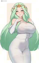 1girl bare_shoulders blush breasts dress fire_emblem fire_emblem:_three_houses flower green_eyes green_hair grin hair_flower hair_ornament highres hioyami large_breasts long_hair long_sleeves looking_at_viewer nintendo rhea_(fire_emblem) smile solo