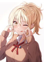 1girl blonde_hair blush breasts brown_cardigan cardigan commentary_request high_ponytail looking_at_viewer love_live! love_live!_nijigasaki_high_school_idol_club medium_breasts medium_hair miyashita_ai nijigasaki_school_uniform one_eye_closed ponytail school_uniform shamakho sidelocks signature solo tongue tongue_out upper_body white_background yellow_eyes