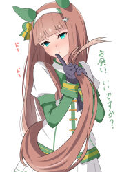 1girl animal_ears black_gloves blue_eyes blunt_bangs blush brown_hair ear_covers gloves green_sleeves hairband highres holding_own_tail horse_ears horse_girl horse_tail long_hair looking_at_viewer open_mouth saburo_(zwzf5873) shirt silence_suzuka_(umamusume) skirt solo tail umamusume white_hairband white_shirt white_skirt