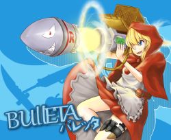 1girl ammunition_belt apple apron b.b._hood basket blonde_hair blue_eyes cape capelet character_name darkstalkers dress evil_grin evil_smile explosive female_focus food fruit fuente grenade grin heads-up_display holographic_monitor hood knife legs one_eye_covered open_mouth red_cape red_dress red_hood rocket rocket_launcher smile solo thigh_strap user_interface weapon